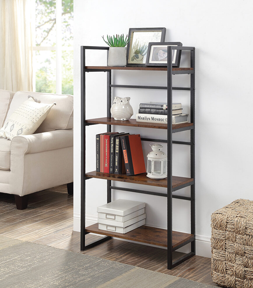 Rustic oak & black finish four tier shelves bookshelf by Acme
