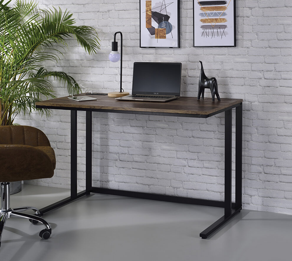 Walnut top & black finish metal open base desk w/ usb port by Acme