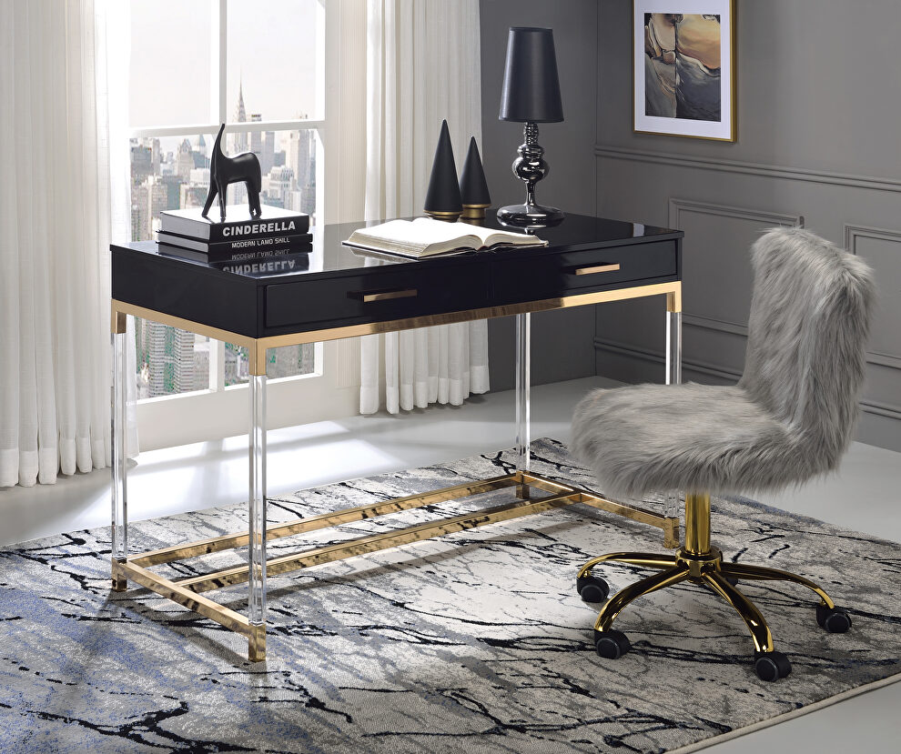Rich black rectangular top and gold finish metal frame desk by Acme