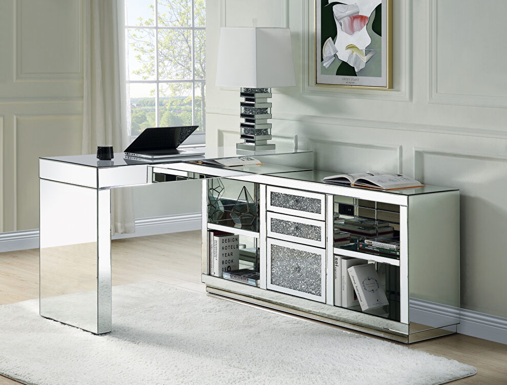 Clear glass mirrored & faux diamonds true glam-lux feel desk by Acme