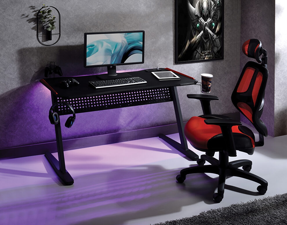 Black & red finish sturdy metal frame ergonomic design with led light by Acme