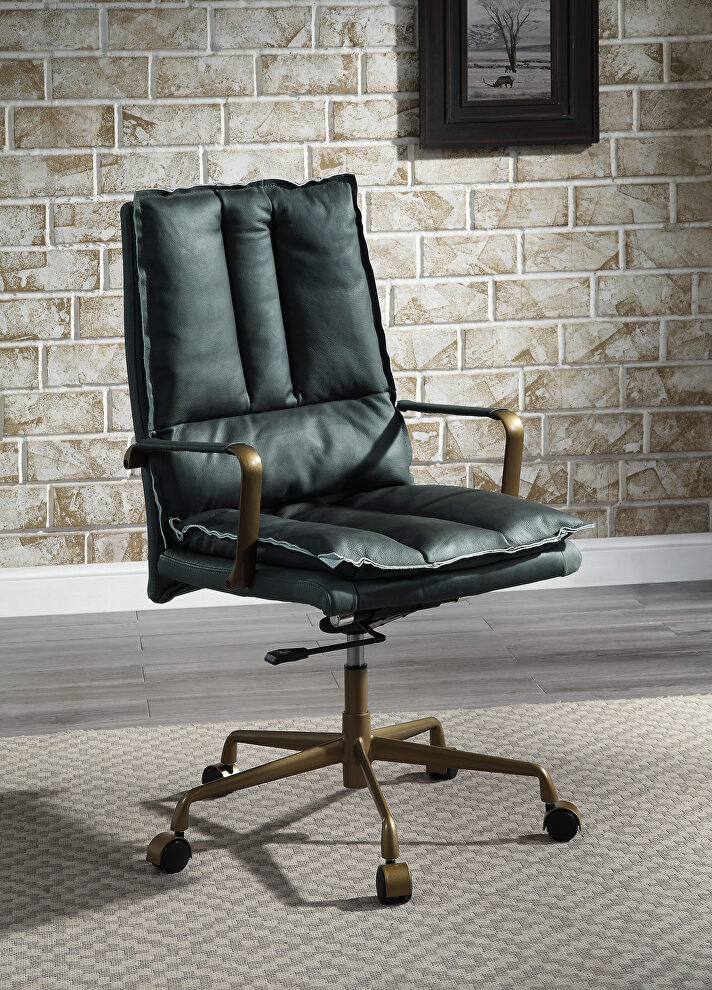Dark green top grain leather padded seat & back office chair by Acme