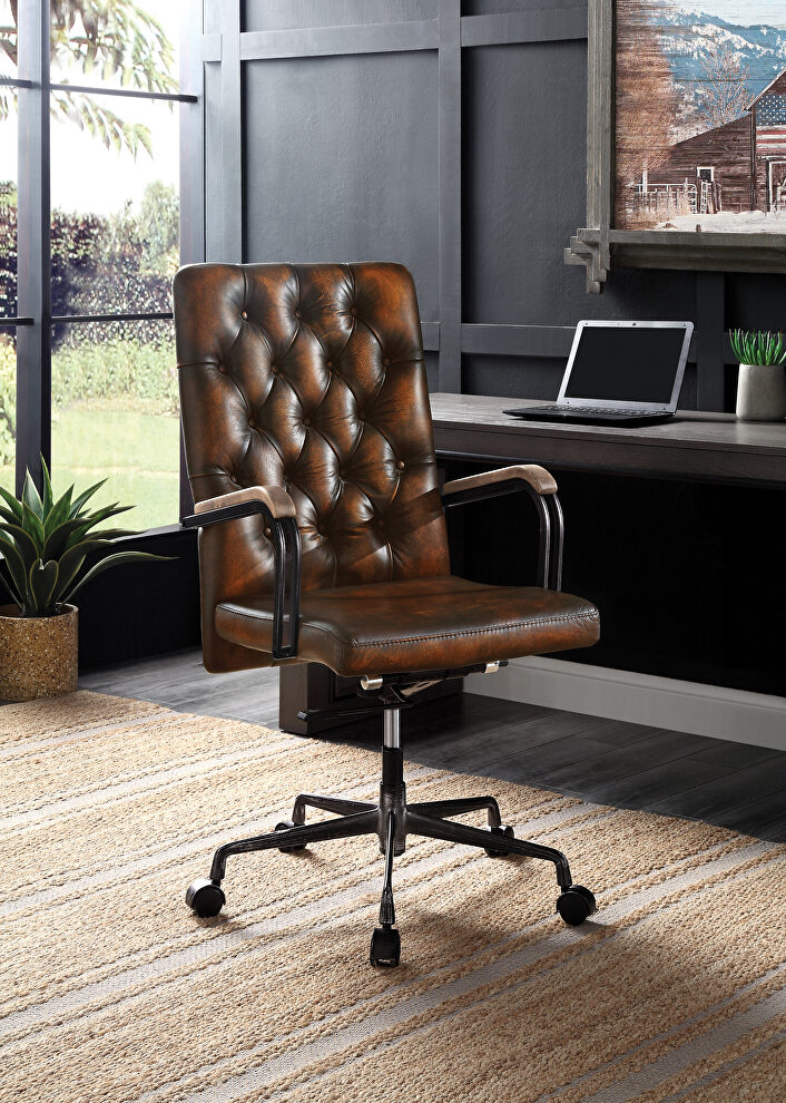 Brown leather top grain leather button tufted office chair by Acme