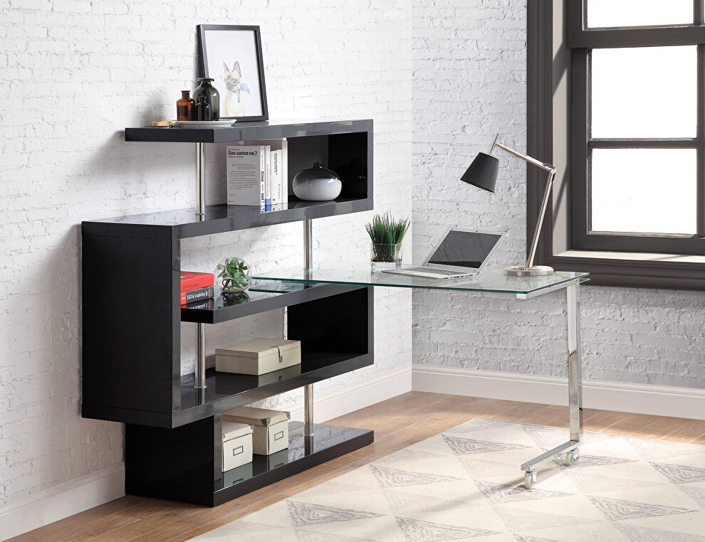 Clear glass top and black high gloss finish base swivel writing desk by Acme