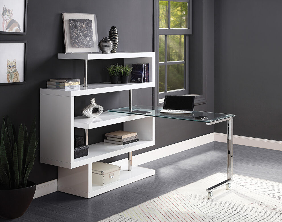 Clear glass top and white high gloss finish base swivel writing desk by Acme