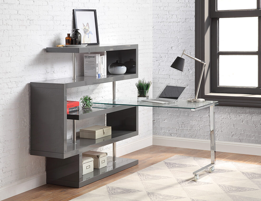 Clear glass top and gray high gloss finish base swivel writing desk by Acme