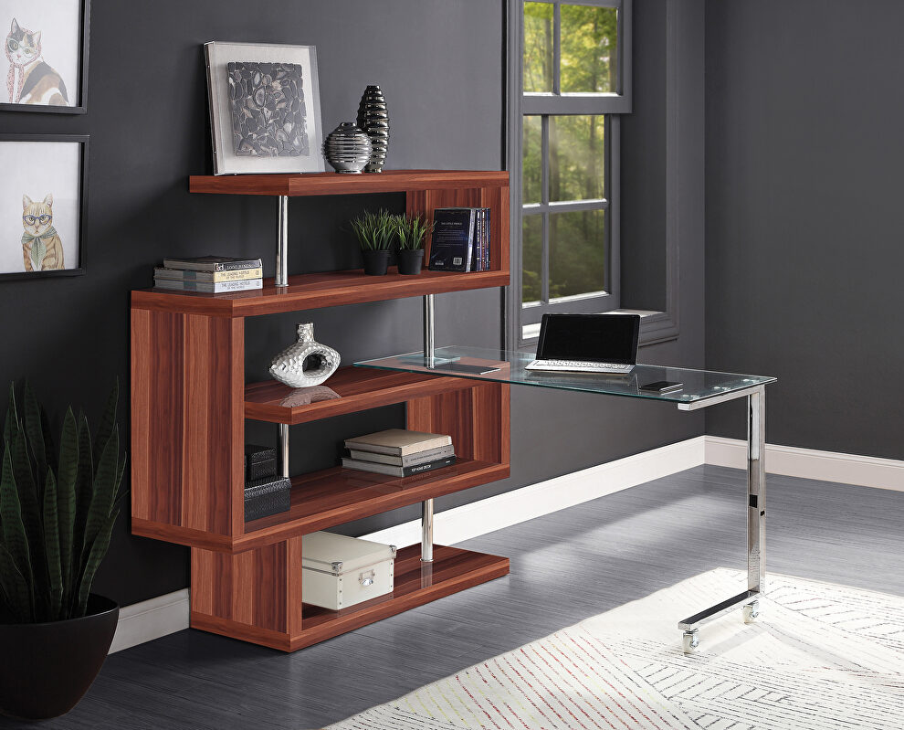 Clear glass top and walnut high gloss finish base swivel writing desk by Acme