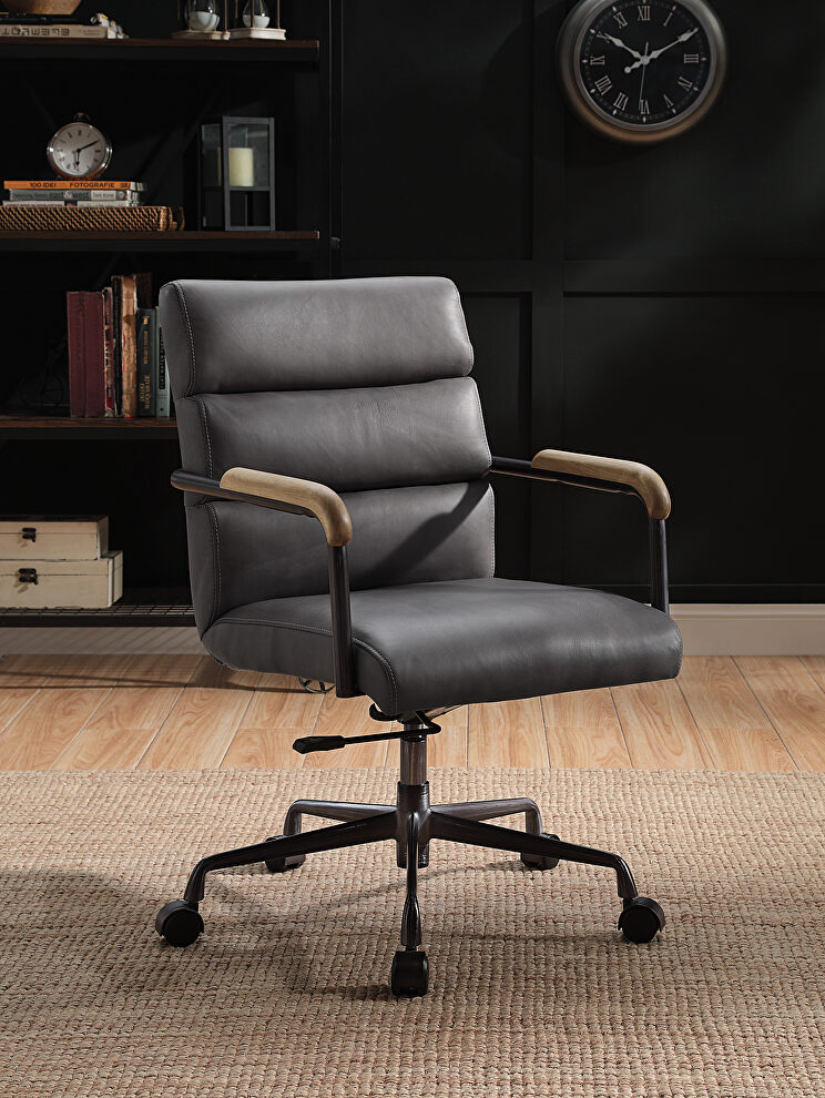 Gray finish top grain leather adjustable seat swivel office chair by Acme