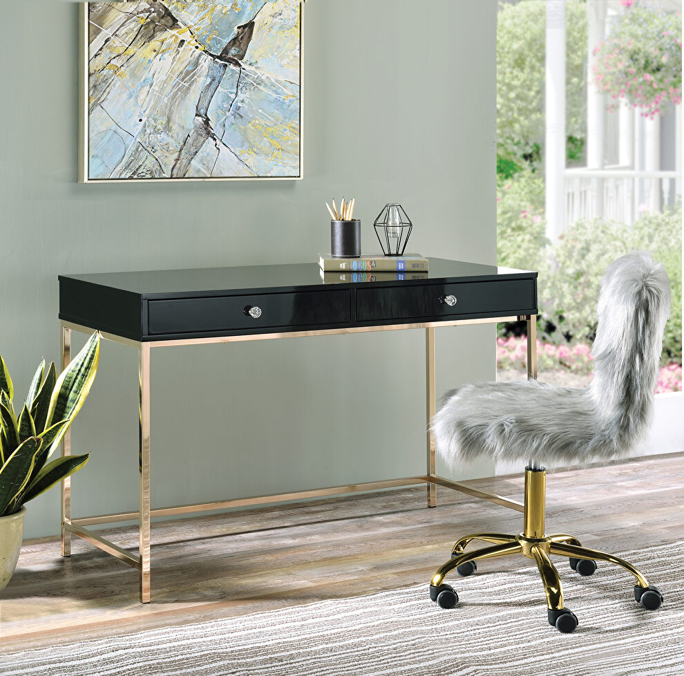 Black high gloss top & gold finish base rectangular writing desk by Acme