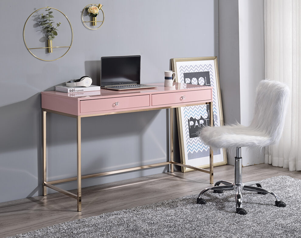 Pink high gloss top & gold finish base rectangular writing desk by Acme