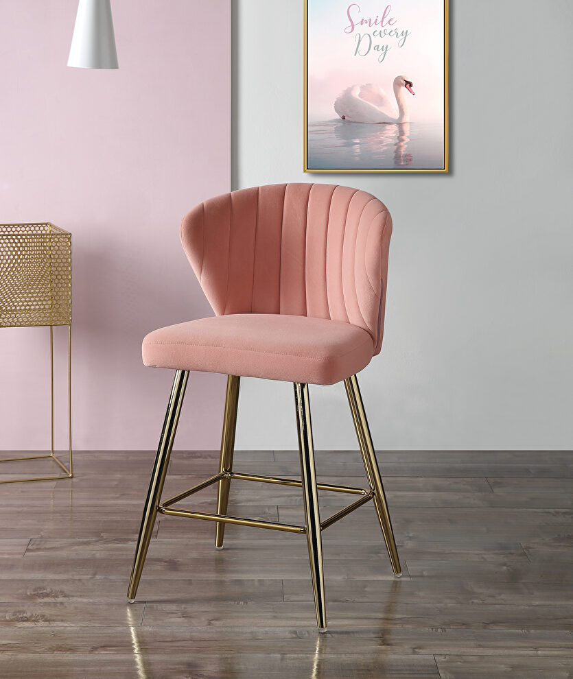 Pink velvet uhpolstery and gold finish metal legs counter height chair by Acme