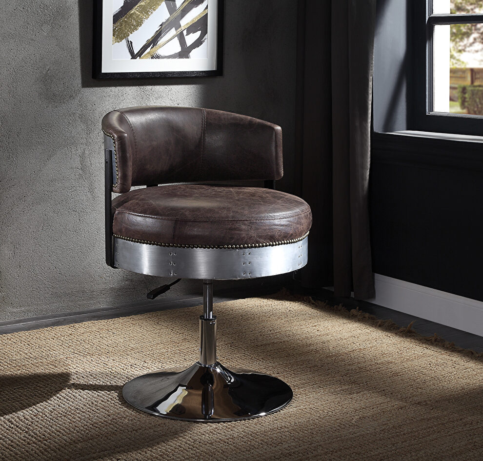 Distress chocolate top grain leather & chrome adjustable chair with swivel by Acme