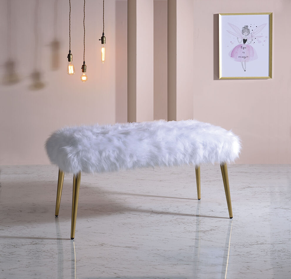 White faux fur & gold bench in glam style by Acme