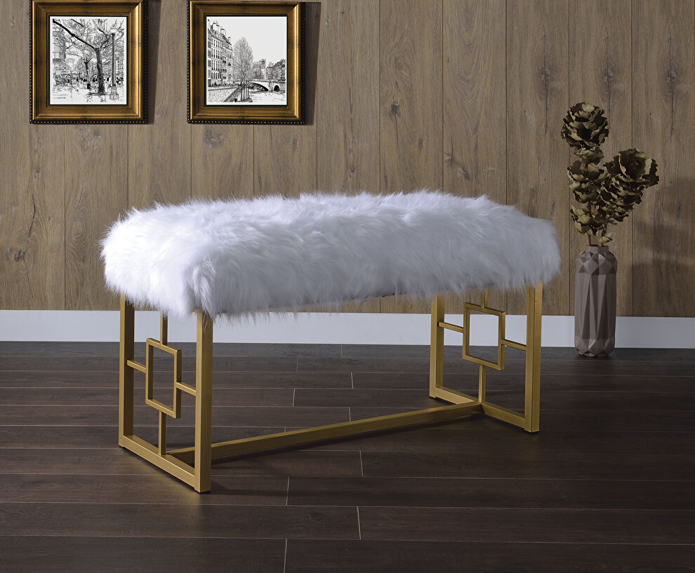 White faux fur & gold bench by Acme