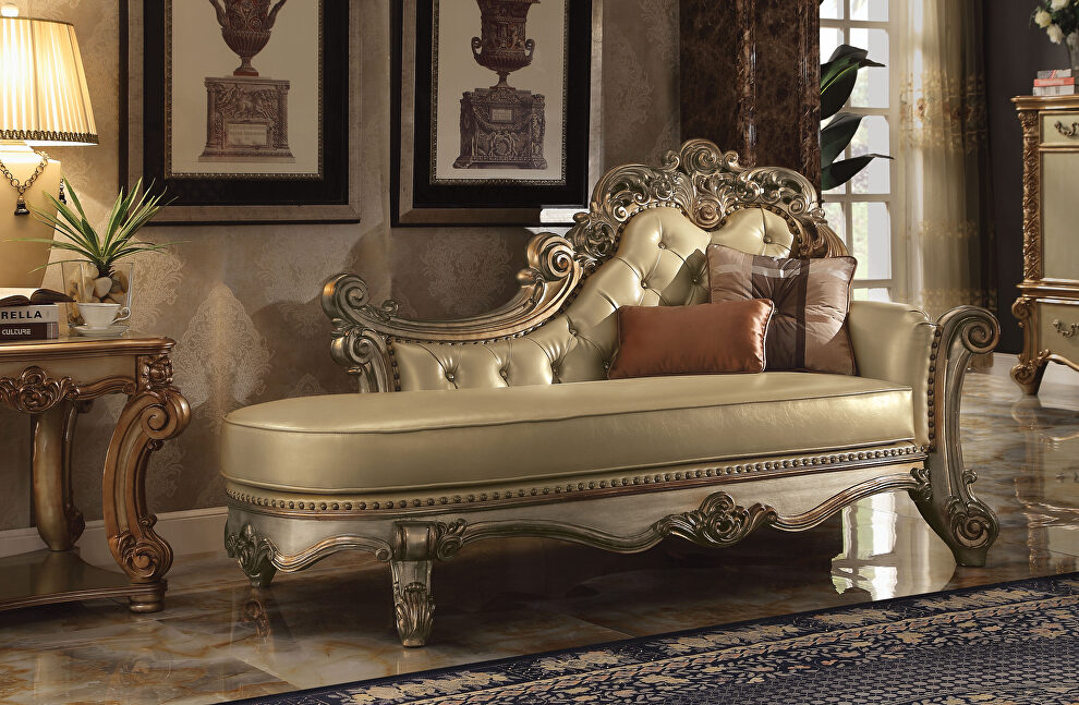 Bone pu & gold patina chaise with 2 pillows by Acme