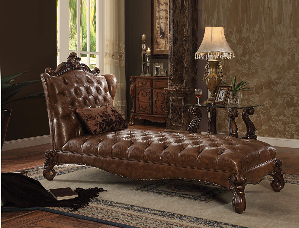 2-tone light brown pu & cherry oak chaise w/1 pillow by Acme