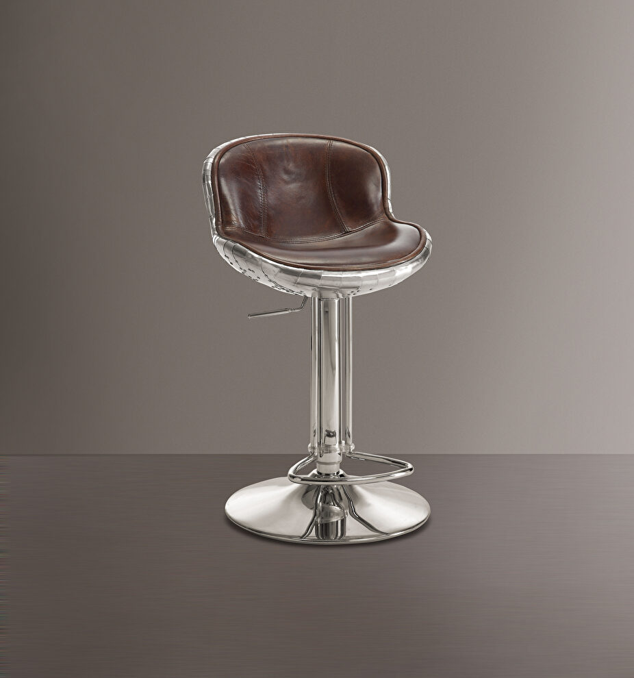 Vintage brown top grain leather & aluminum adjustable stool by Acme
