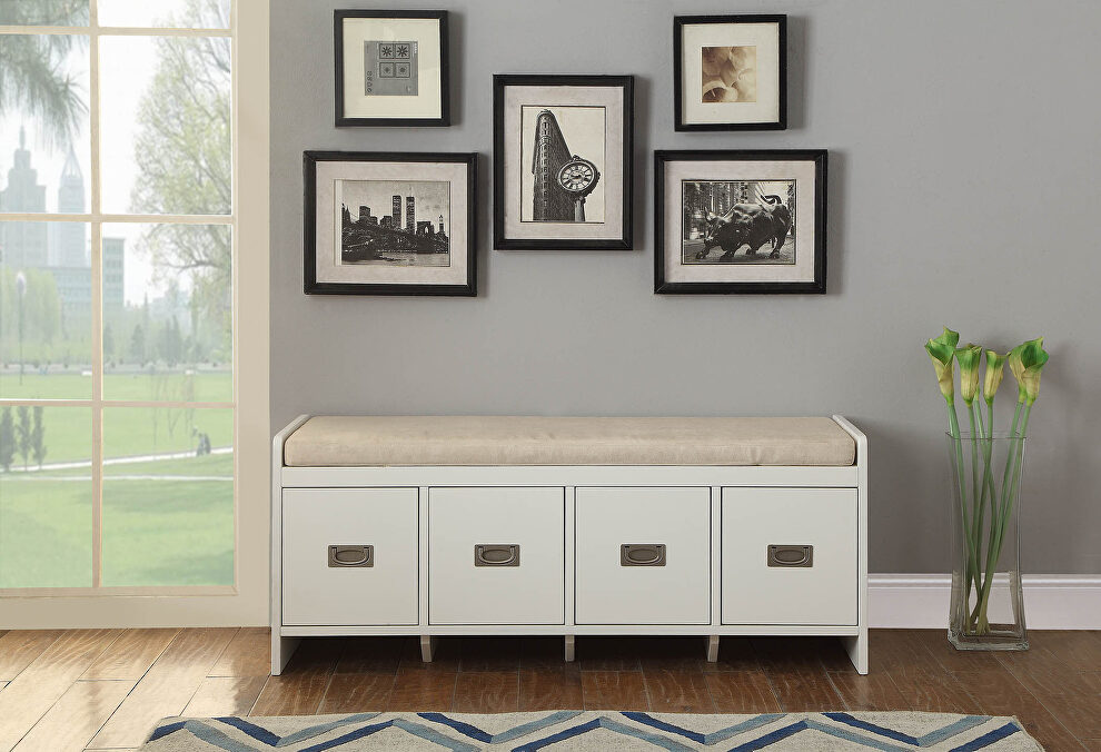 Beige fabric & white finish bench with storage by Acme