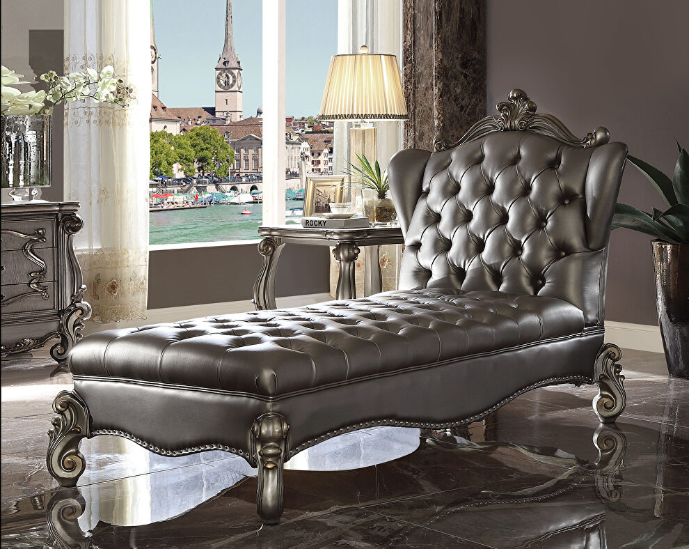 Silver pu & antique platinum chaise lounge by Acme