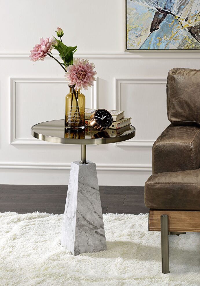 Mirrored, faux marble & antique gold side table by Acme