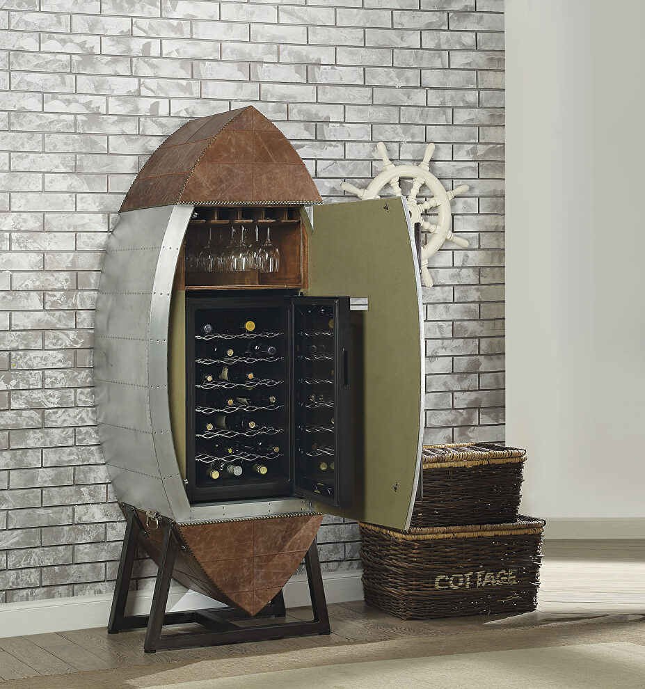 Retro brown top grain leather & aluminum wine cooler cabinet by Acme