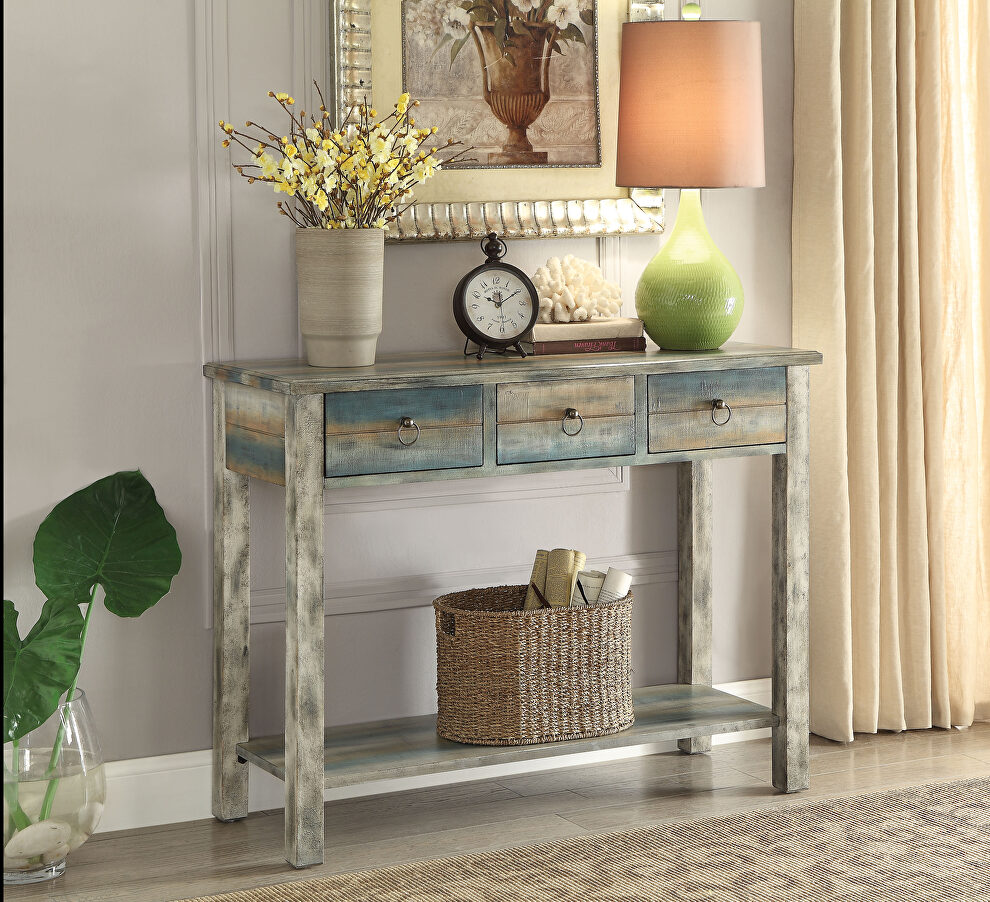 Antique white & teal console table by Acme