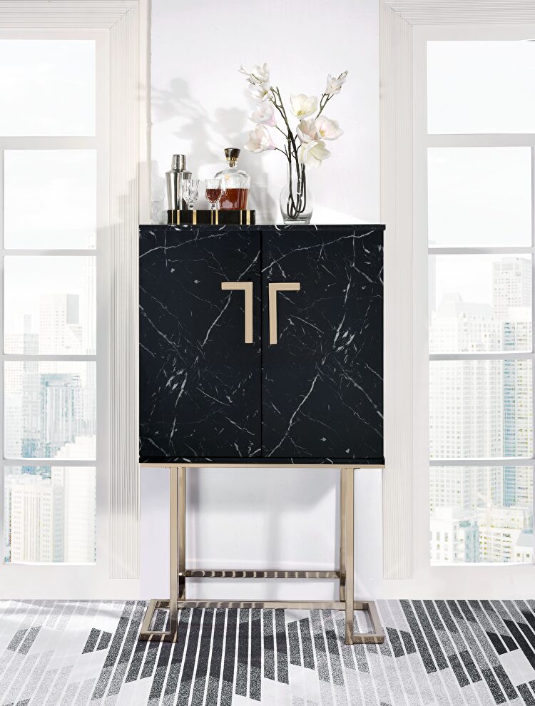 Black faux marble & champagne wine cabinet by Acme