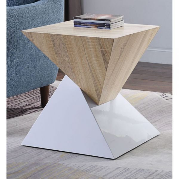 White high gloss & natural finish double pyramid accent table by Acme