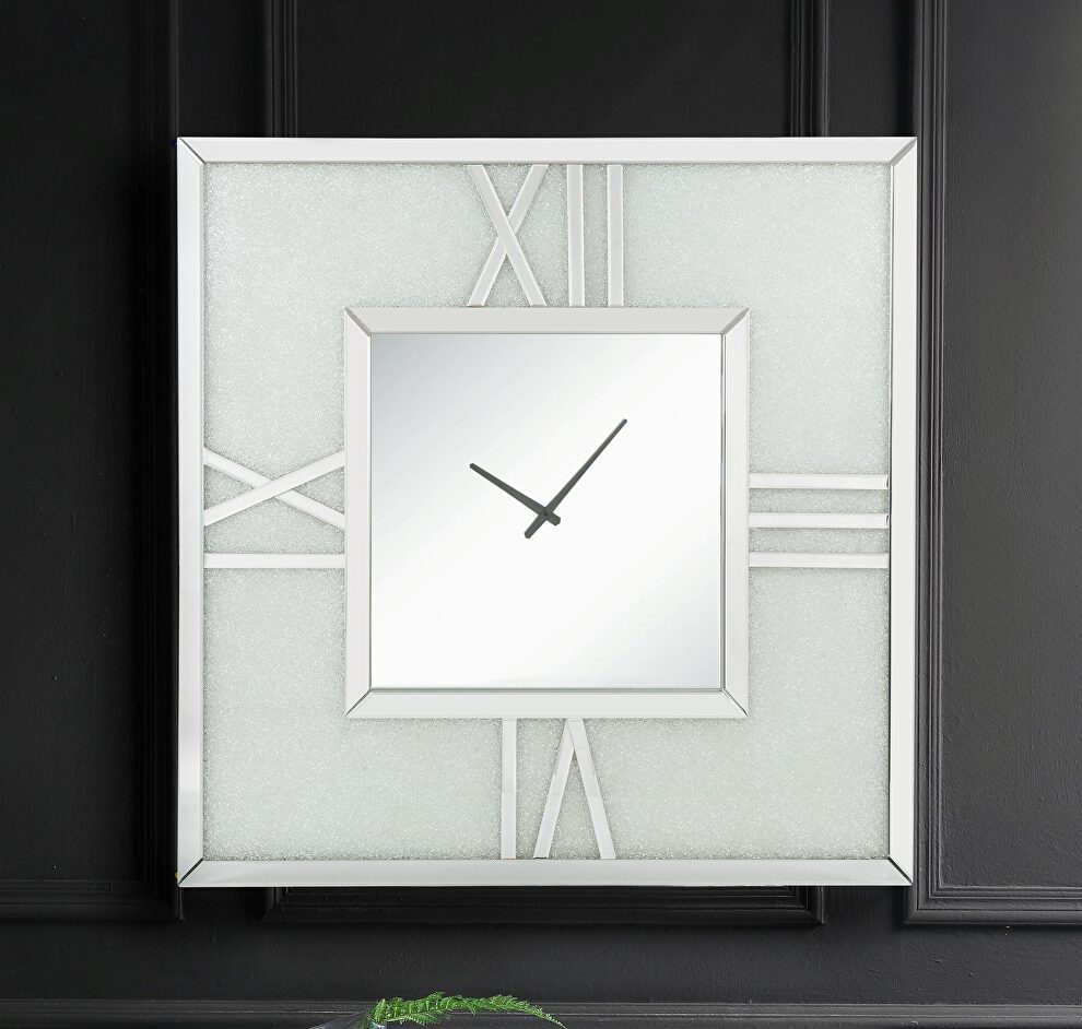Mirrored & faux diamonds square shape wall clock w/ led by Acme