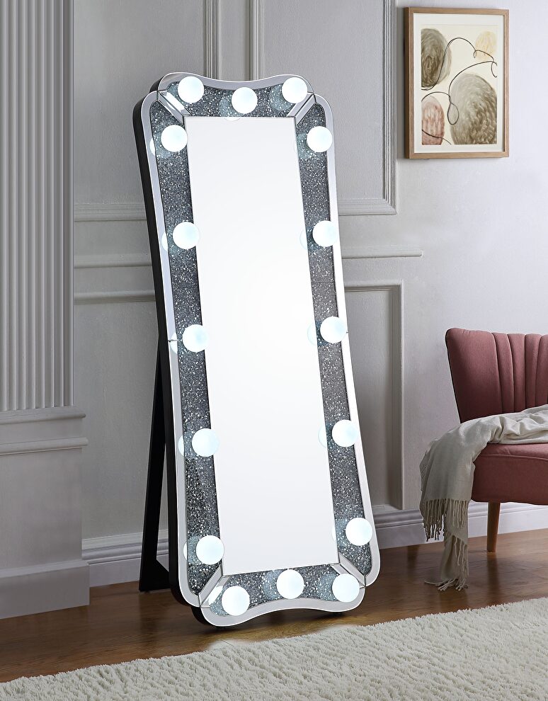 Faux diamonds accent standing mirror w side lights by Acme