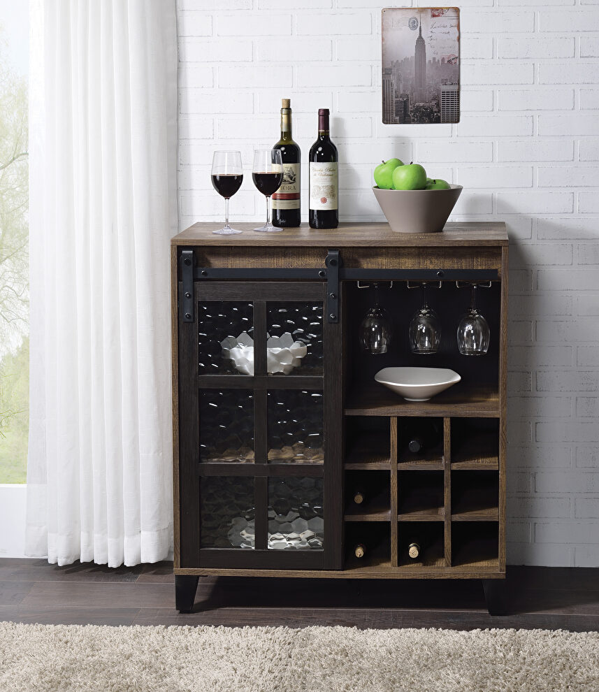 Rustic wooden frame paired with metal hardware wine cabinet by Acme