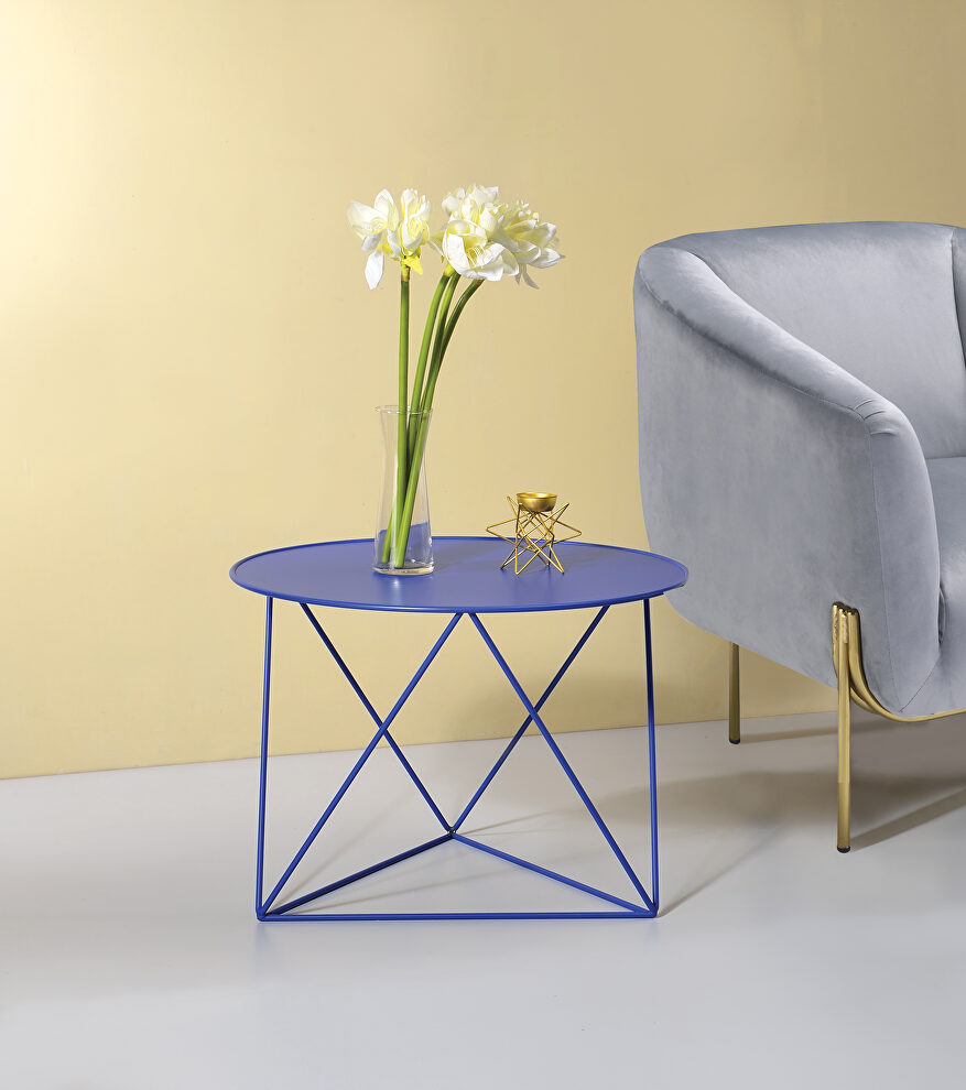Blue finish geometric metal base accent table by Acme
