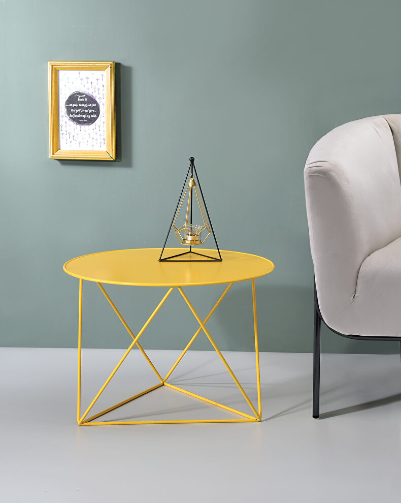 Yellow finish geometric metal base accent table by Acme