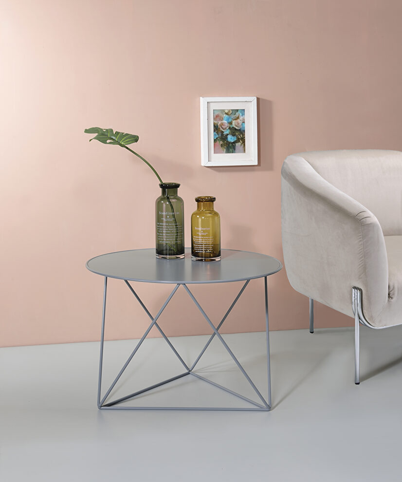 Gray finish geometric metal base accent table by Acme