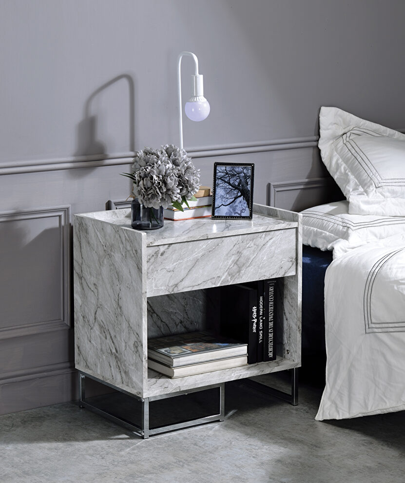 White printed faux marble & chrome finish accent table by Acme