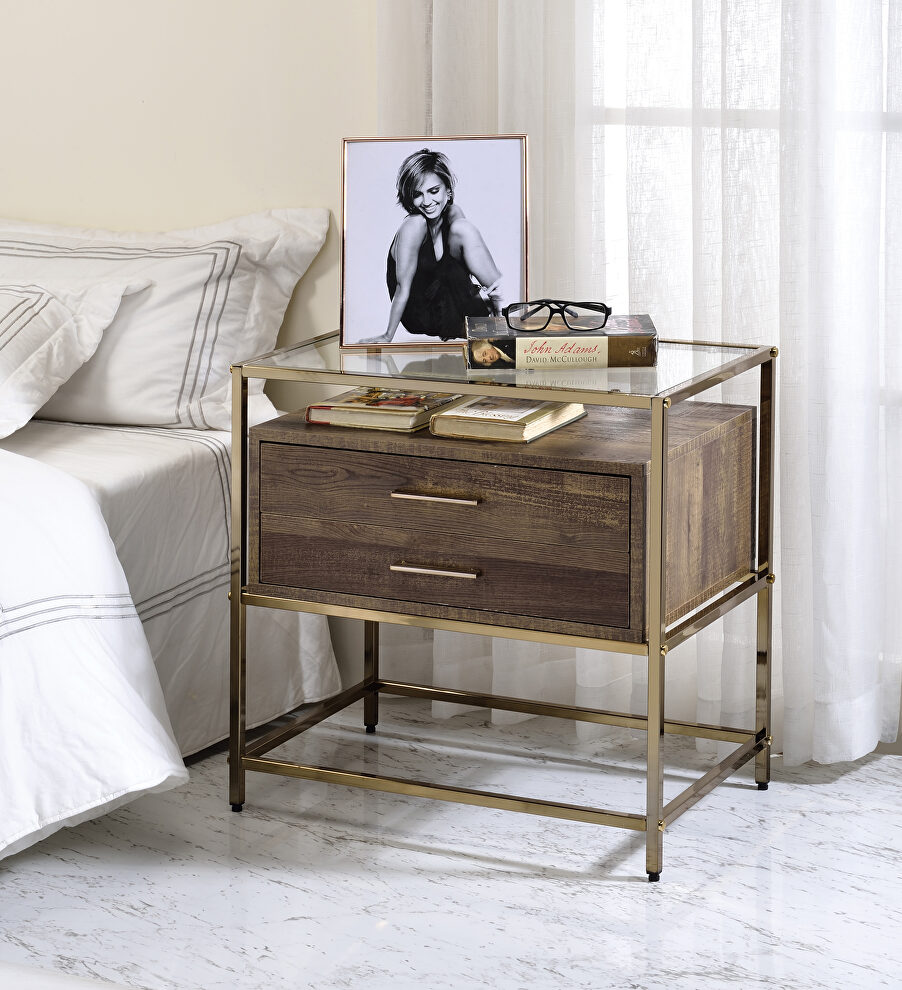 Walnut & champagne finish wood tone and clear glass top accent table by Acme