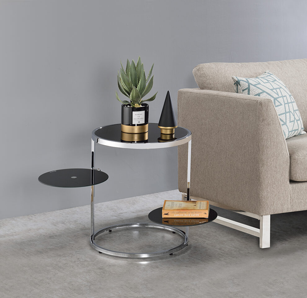 Black top & chrome finish base with swivel shelf design accent table by Acme