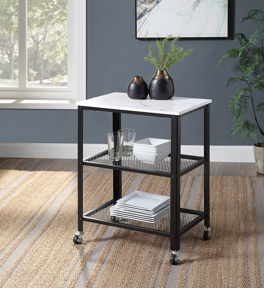 White printed faux marble top/ black finish metal base accent table by Acme