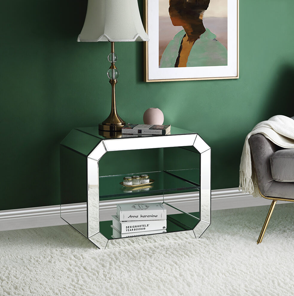 Mirrored finish clean-lined table frame accent table by Acme
