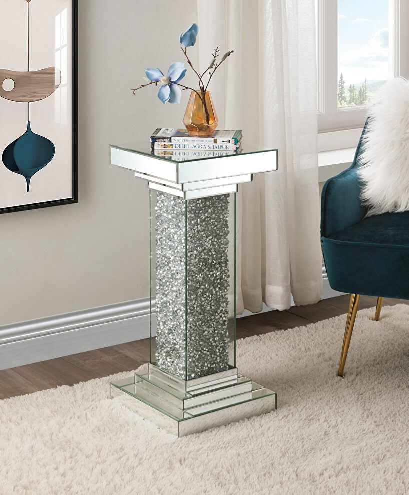 Glitzy modern pedestal mirrored base accent table by Acme