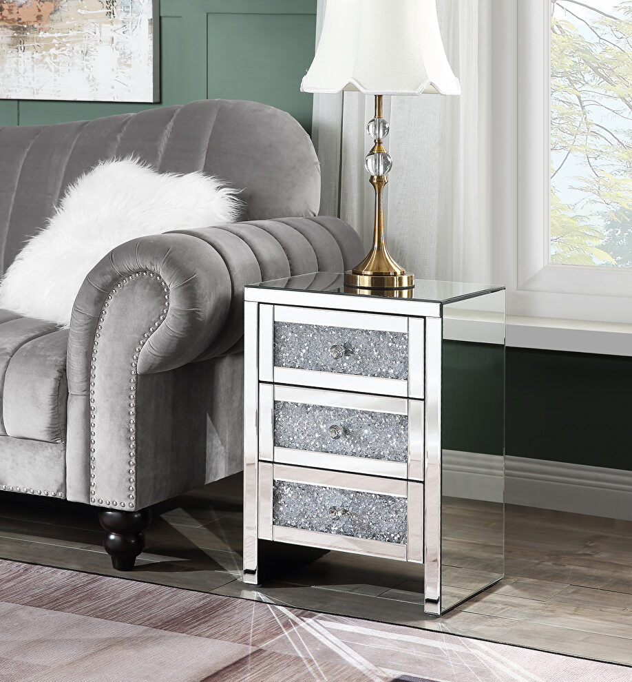 Mirrored & faux diamonds accent table w/ 3 storage drawers by Acme