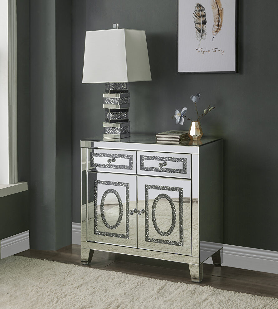 Mirrored finish and faux diamond inlay accent cabinet by Acme