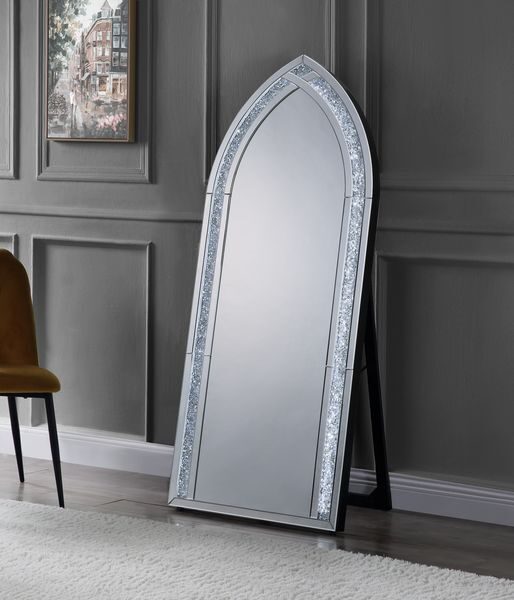 Mirrored & faux diamonds accent floor mirror w/ led by Acme