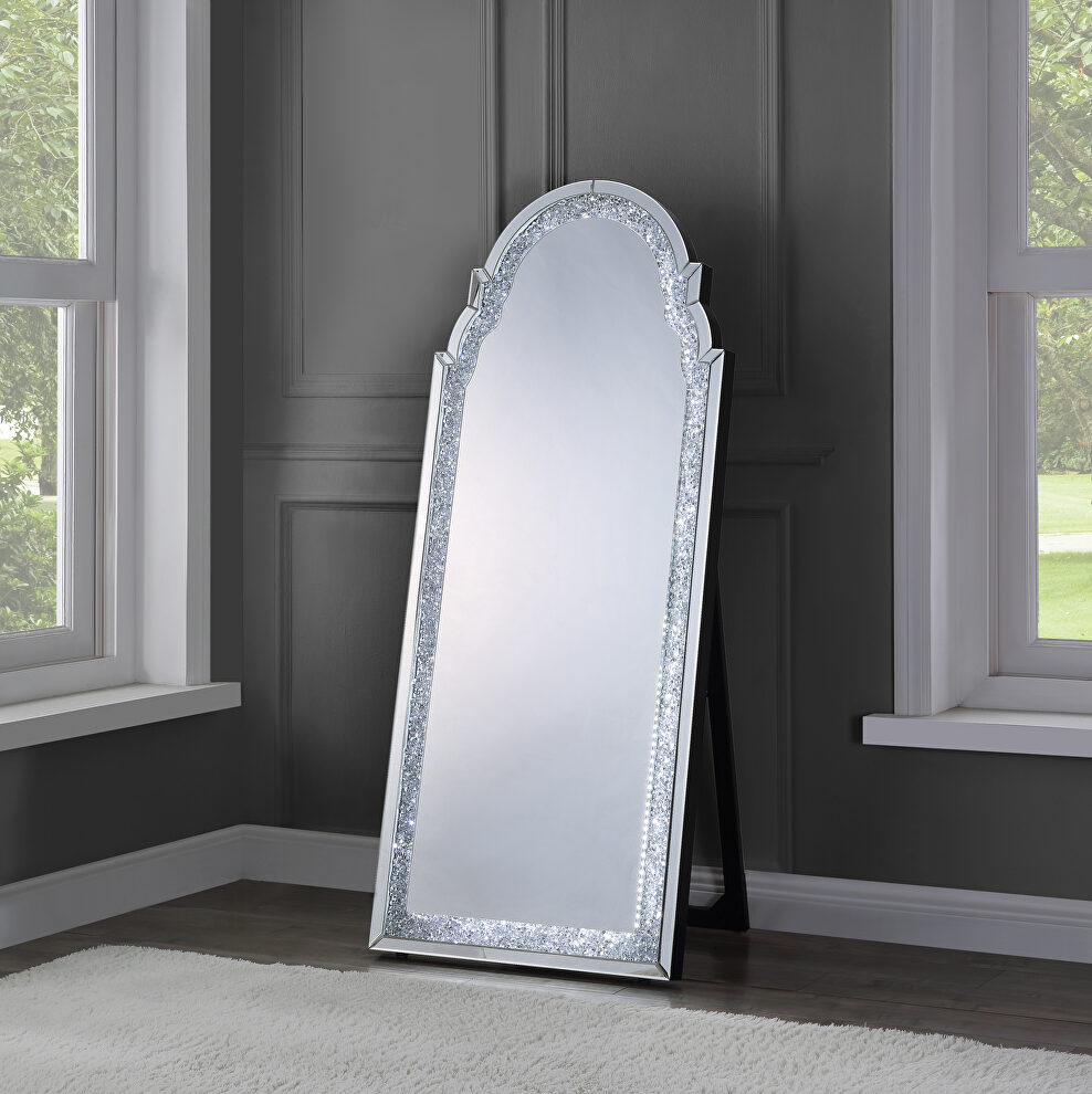 Faux diamond inlay & clear glass accent floor mirror w/ led by Acme