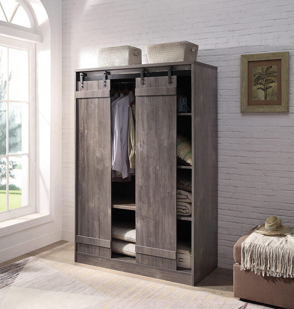 Gray oak finish on wooden frame wardrobe by Acme