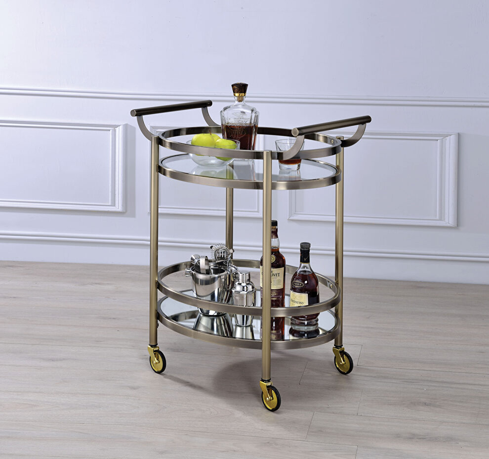 Brushed bronze & clear glass serving cart by Acme