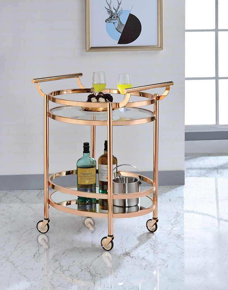 Rose gold & clear glass serving cart by Acme