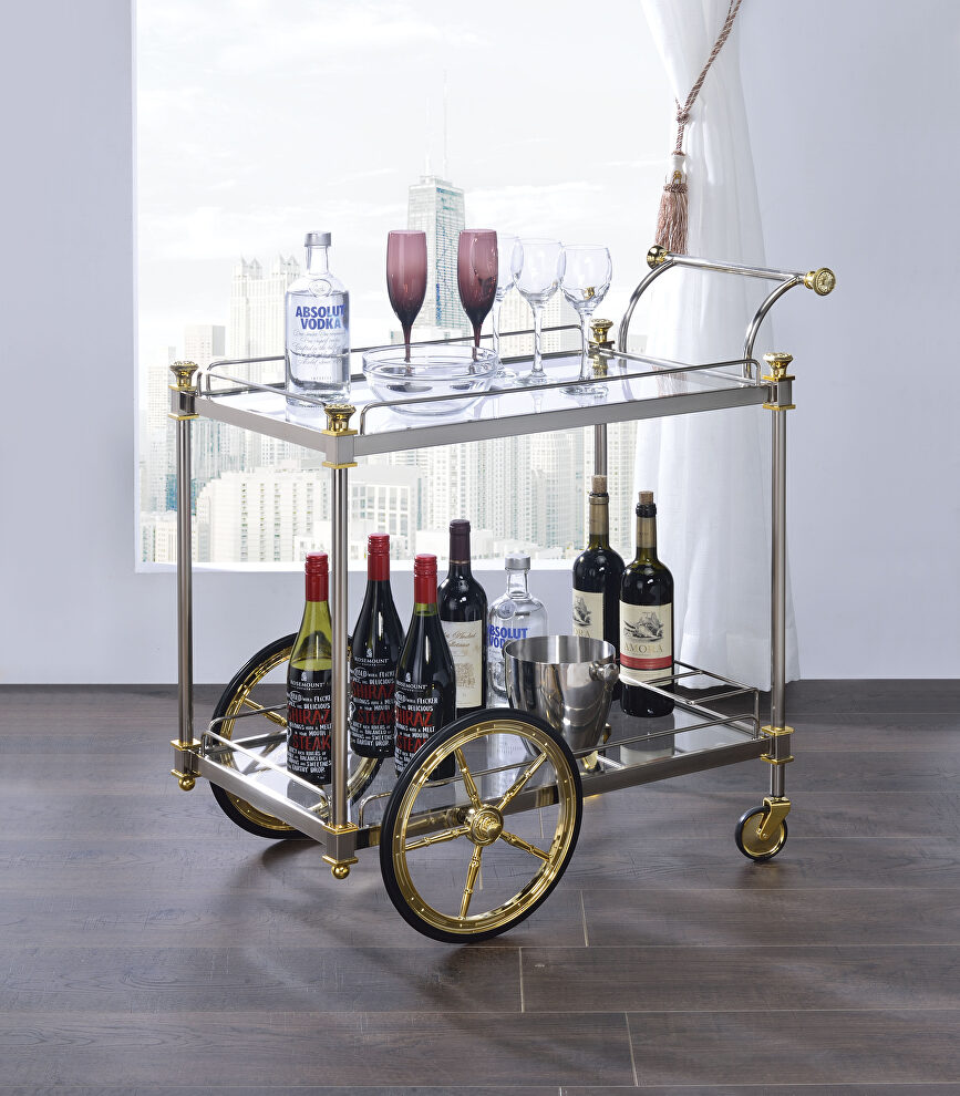 Silver/gold & clear glass serving cart by Acme