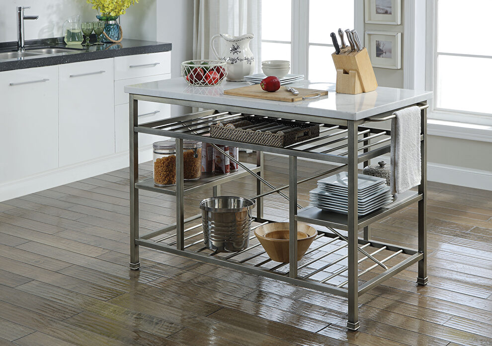Marble & antique pewter kitchen island by Acme