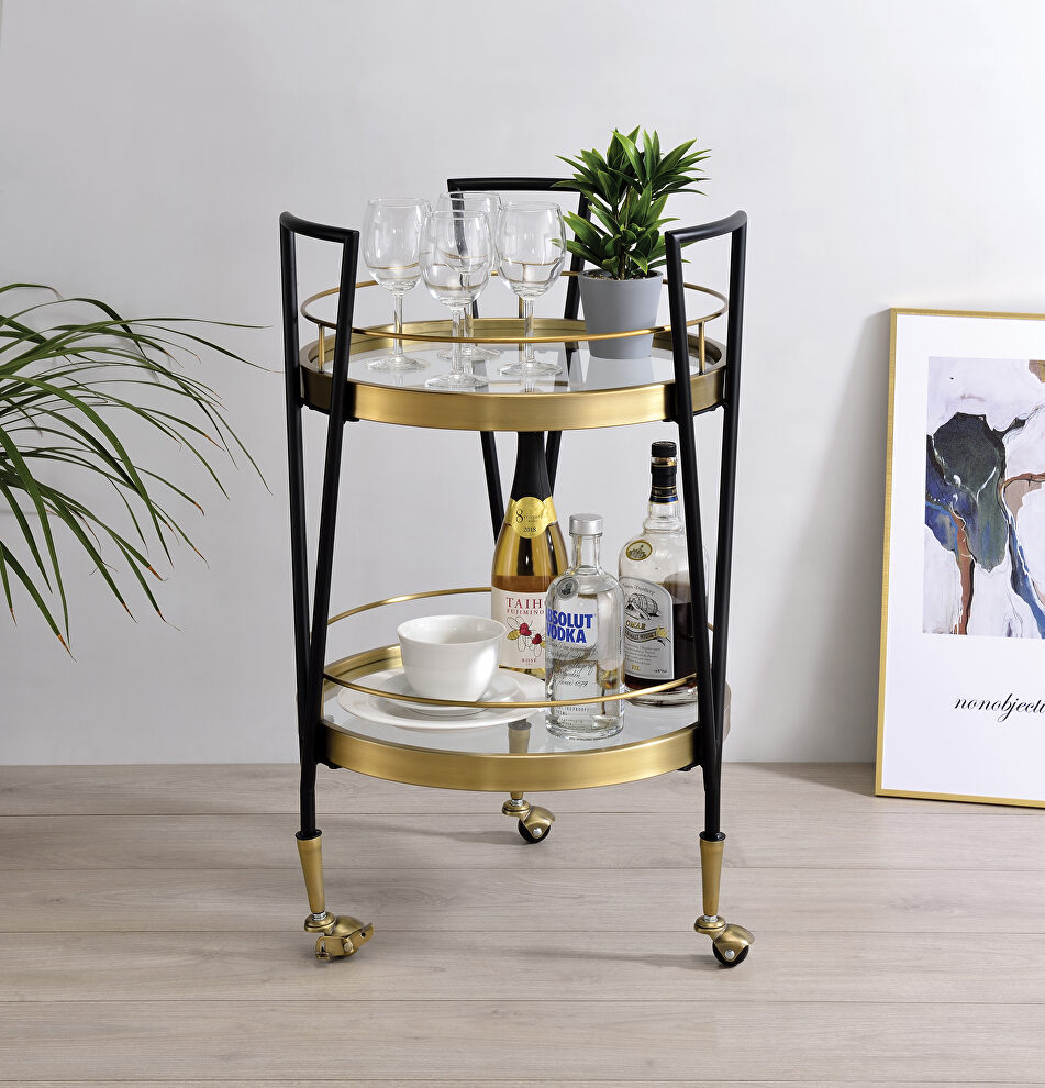 Tempered tier shelf and black/ gold finish base serving cart by Acme